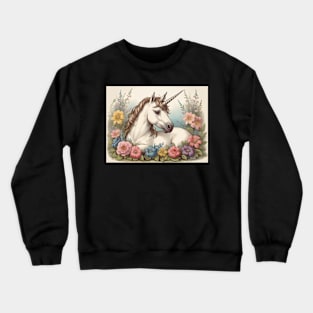 Medieval Unicorn Lying in Flowers Crewneck Sweatshirt